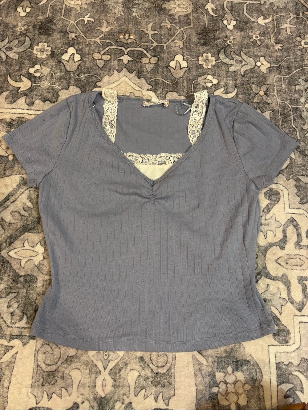 Lace-Trim V-Neck Ribbed Top in Dusty Blue